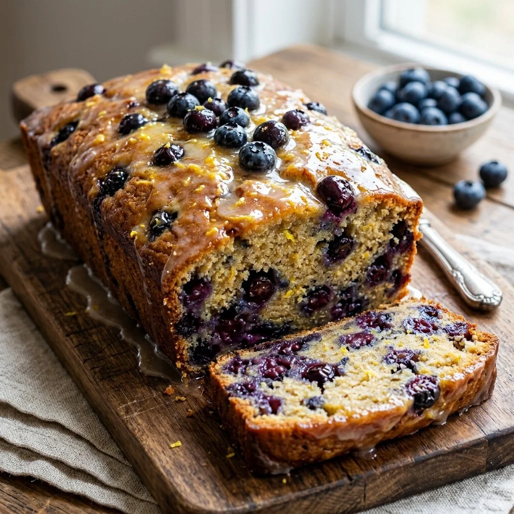 Loaf of delicious lemon blueberry bread with fresh blueberries and lemon zest