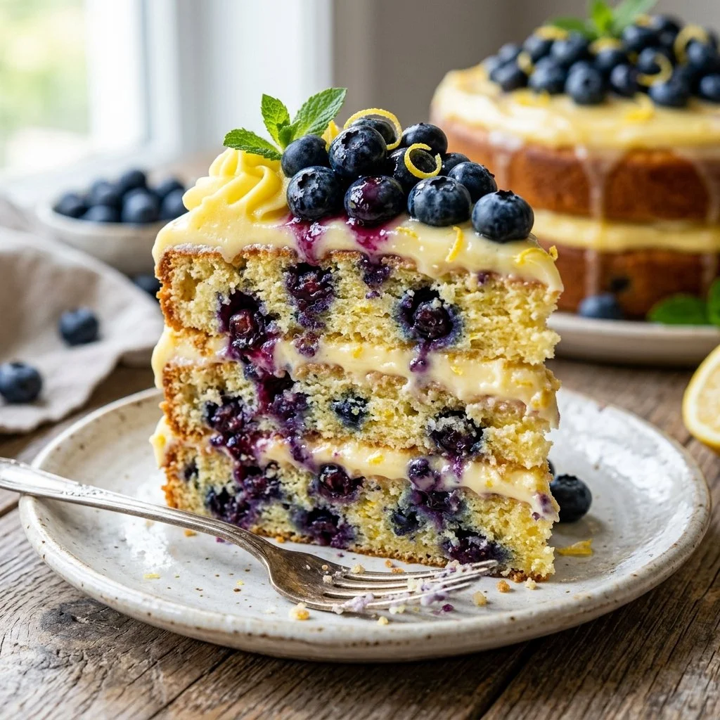 Moist lemon blueberry cake topped with fresh blueberries and lemon zest.