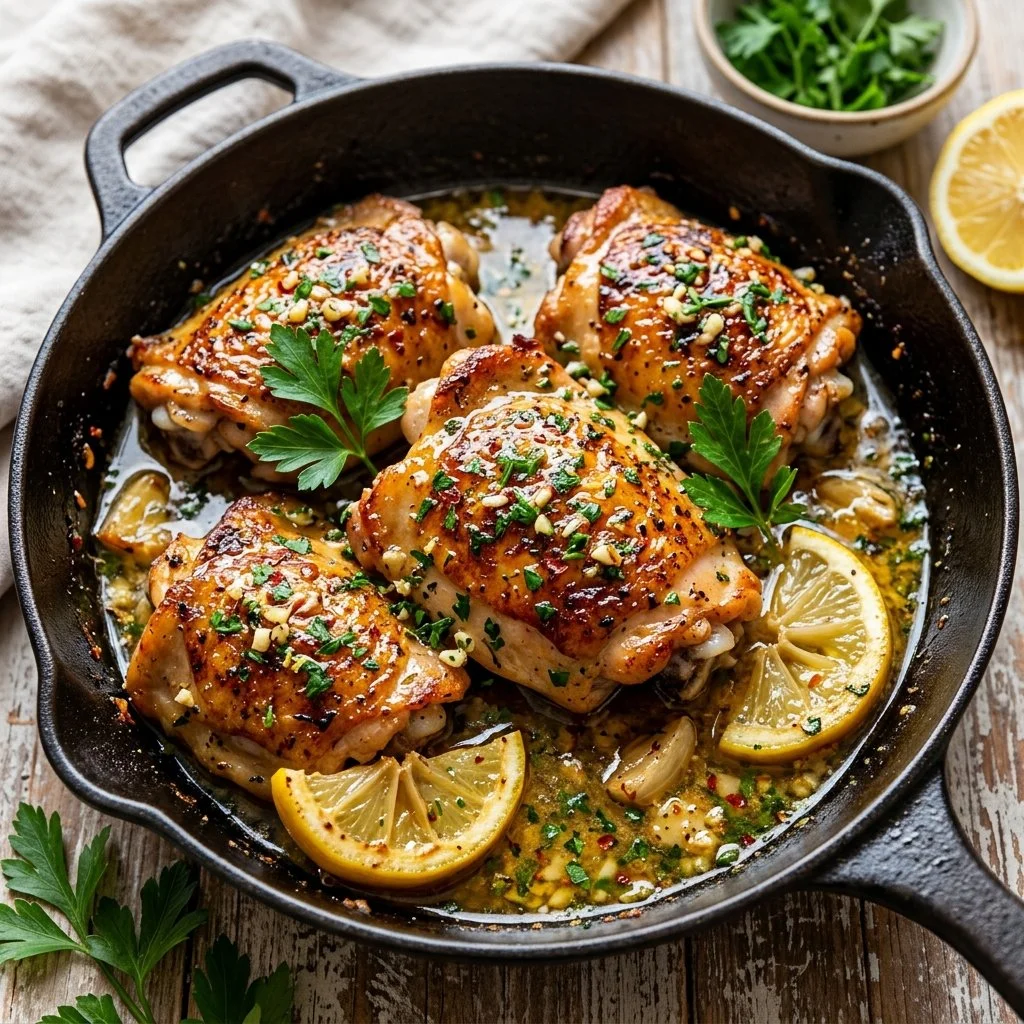 Grilled Lemon Butter Chicken Thighs served with fresh herbs and lemon slices.