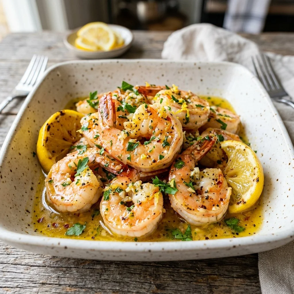 Delicious Lemon Butter Garlic Shrimp dish garnished with fresh herbs