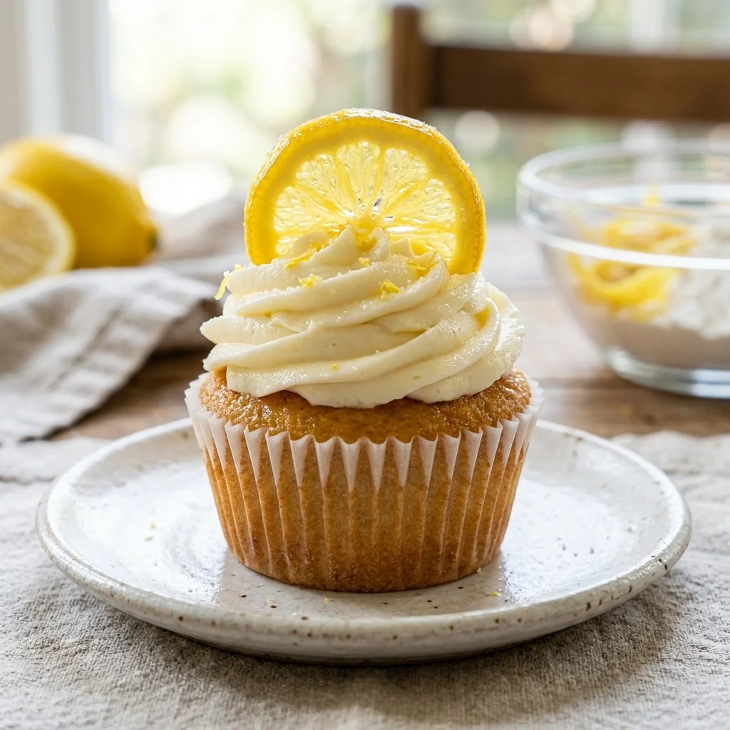 Lemon Drop Cupcakes topped with zesty lemon frosting and sprinkles