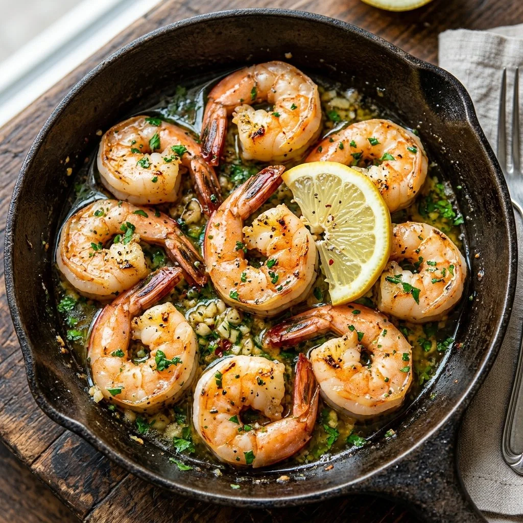 Plate of Lemon Garlic Butter Shrimp with herbs and lemon slices for flavor
