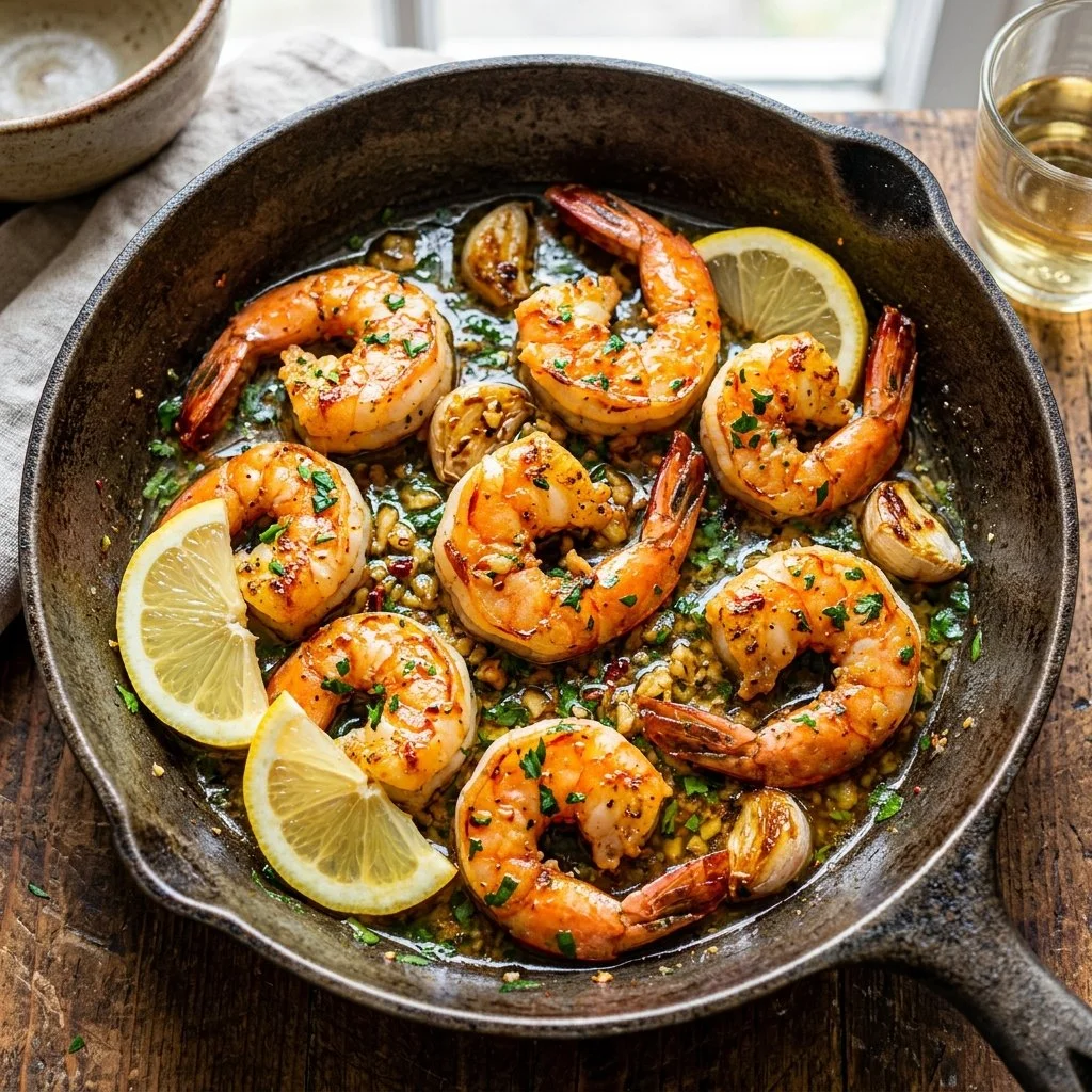 Lemon garlic butter shrimp served on a white plate garnished with parsley