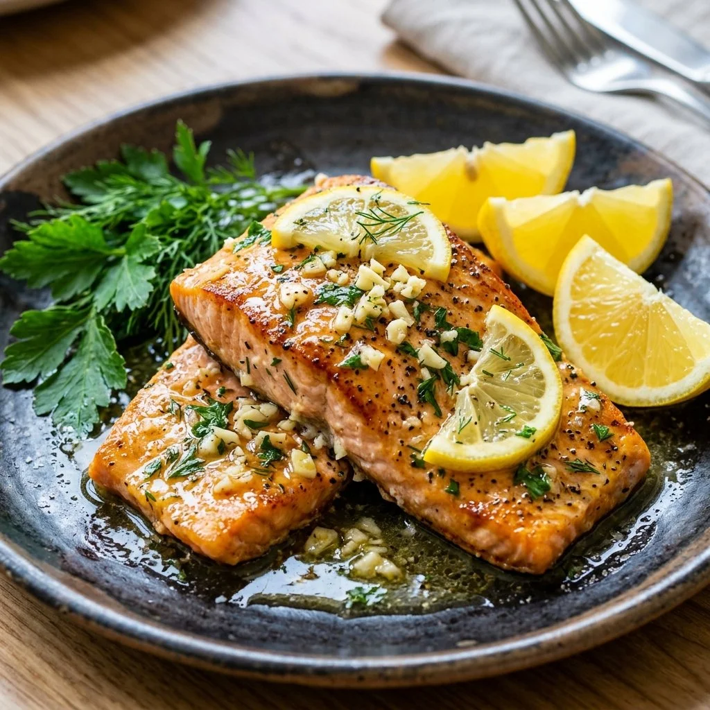 Delicious Lemon Garlic Salmon fillets garnished with lemon slices and garlic cloves