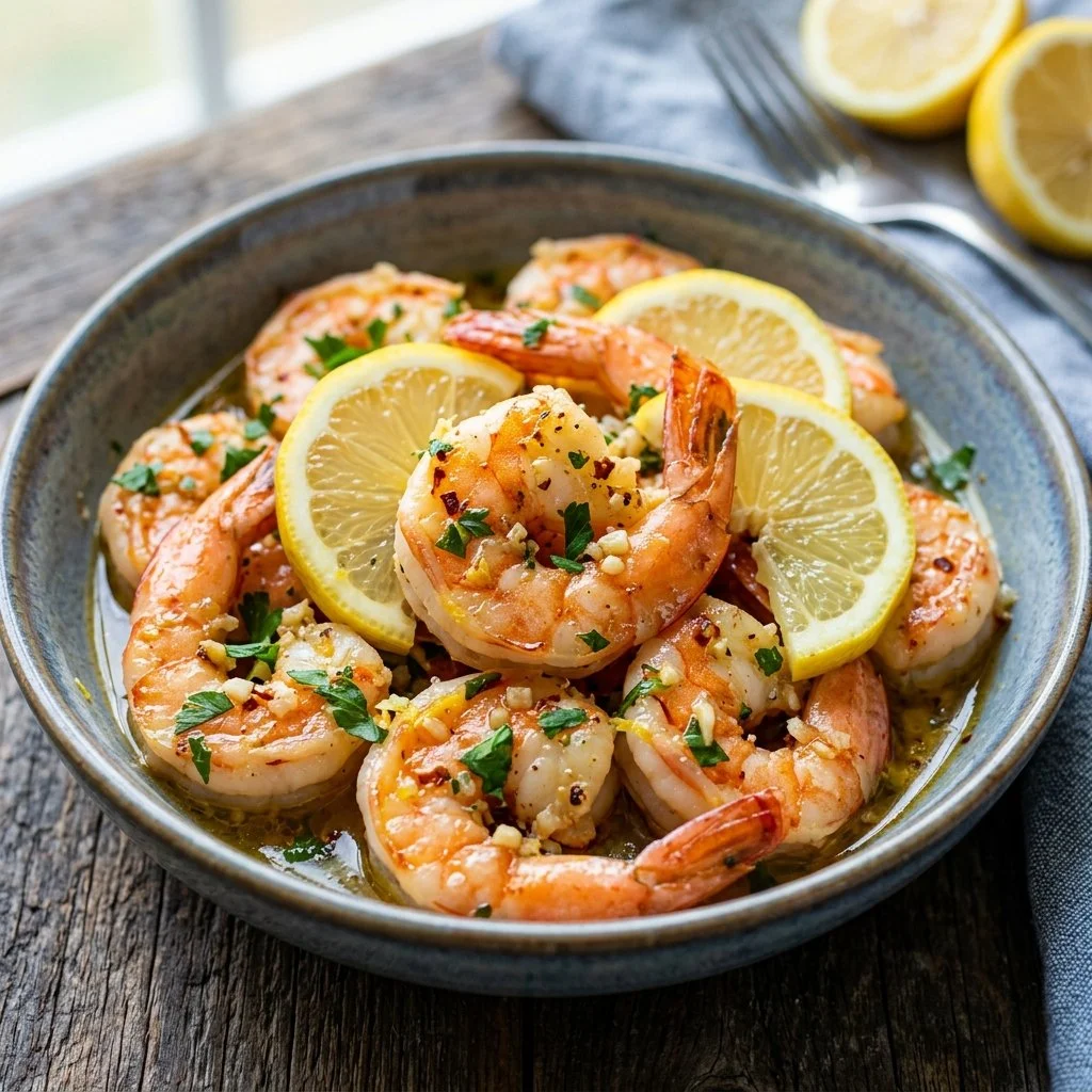 Delicious Lemon Garlic Shrimp served on a plate with fresh herbs