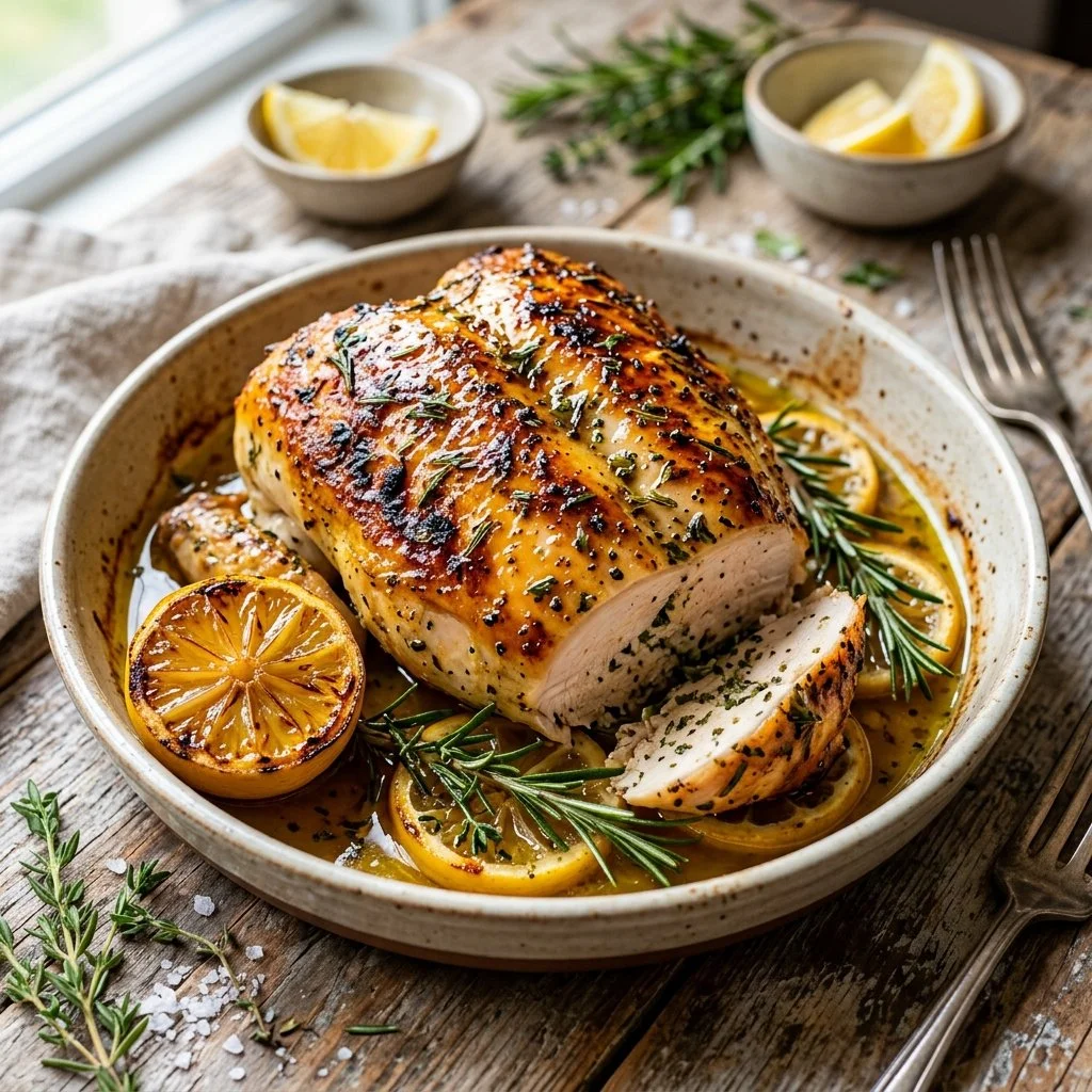Delicious lemon herb chicken garnished with fresh herbs and lemon slices