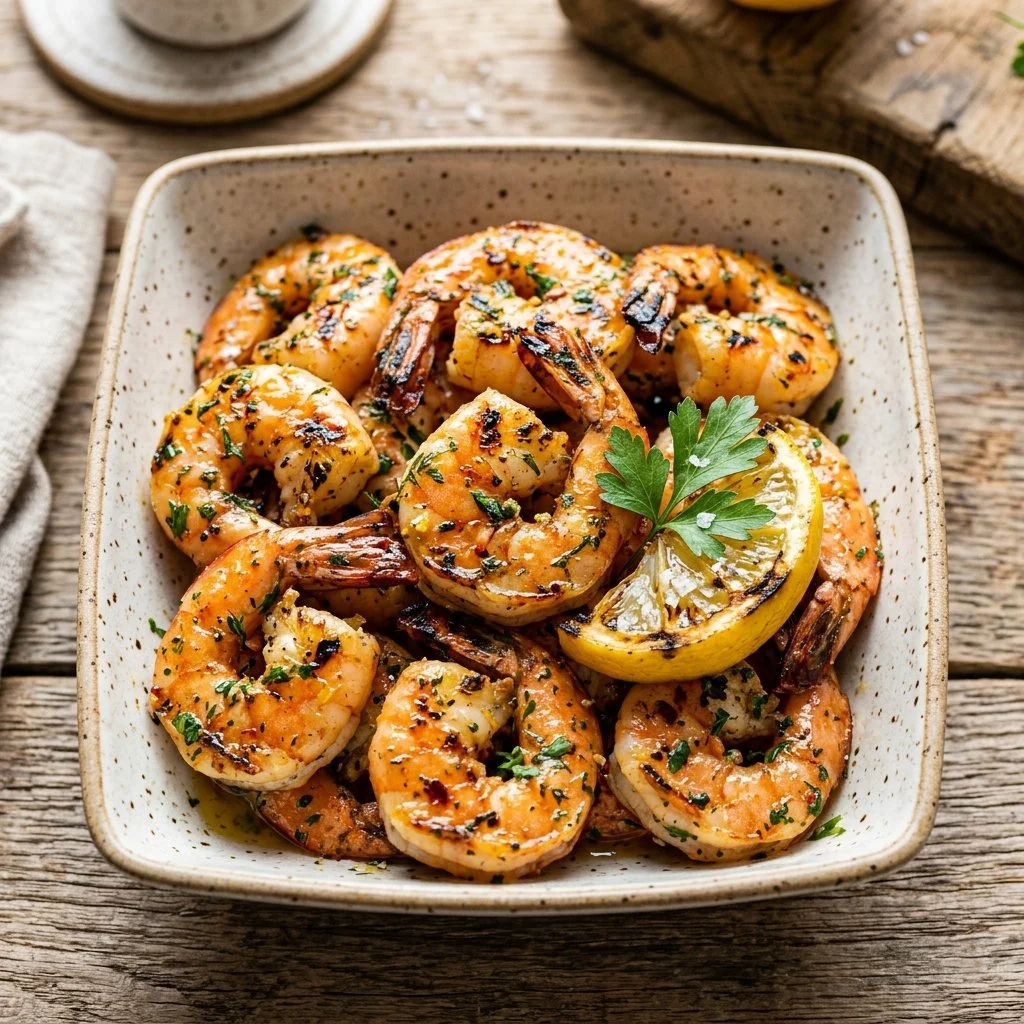 Plate of lemon herb grilled shrimp garnished with fresh herbs