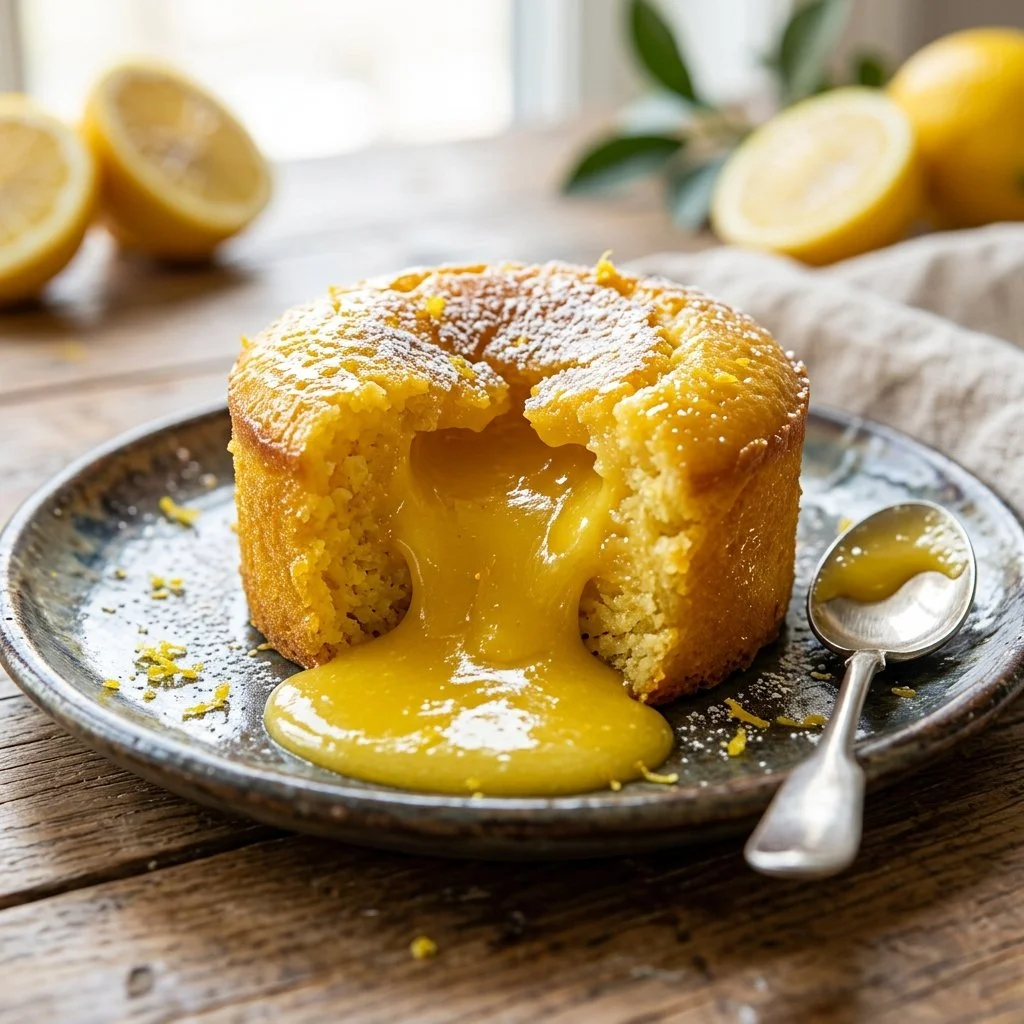 Delicious homemade Lemon Lava Cake with a molten lemon center