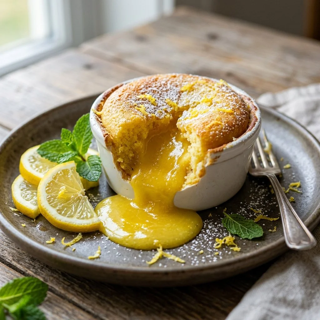 Delicious Lemon Lava Cake with a gooey lemon center and a dusting of powdered sugar.