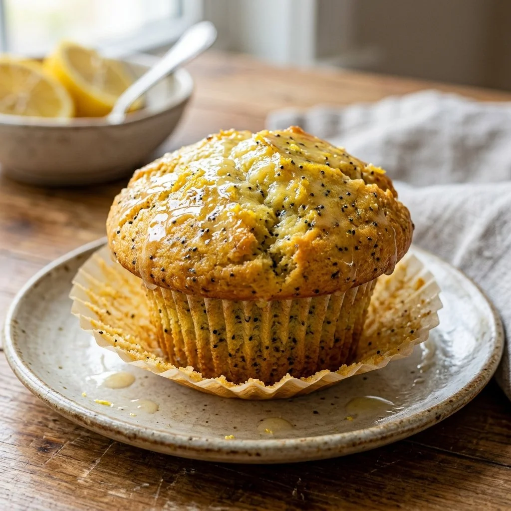 Freshly baked lemon poppy seed muffins with a golden brown top