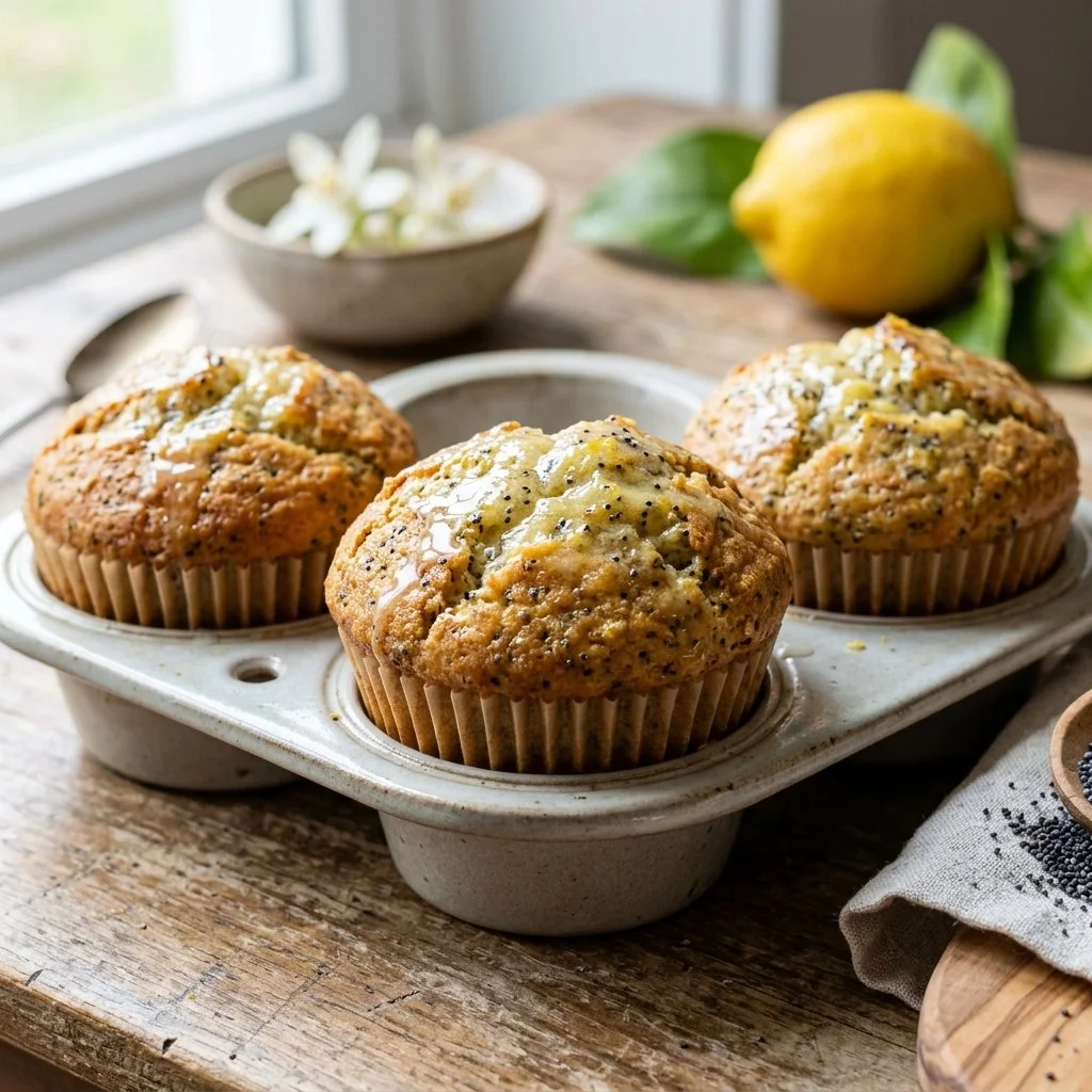 Freshly baked Lemon Poppy Seed Muffins on a cooling rack