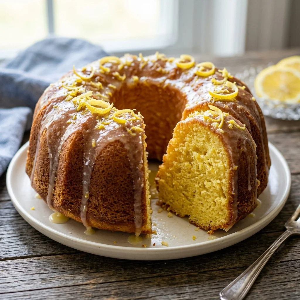 Homemade lemon pound cake with a golden crust and lemon glaze