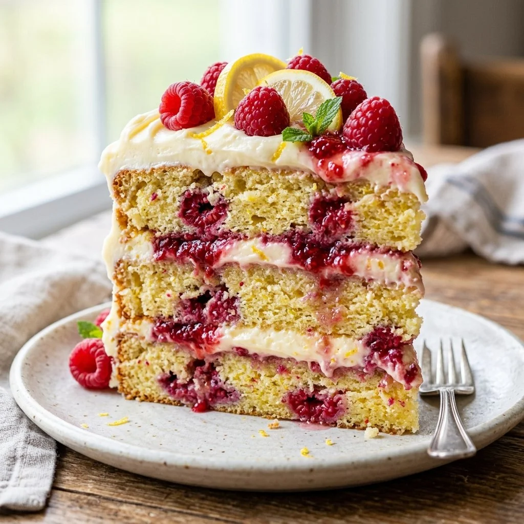 Lemon Raspberry Cake decorated with fresh raspberries and lemon zest