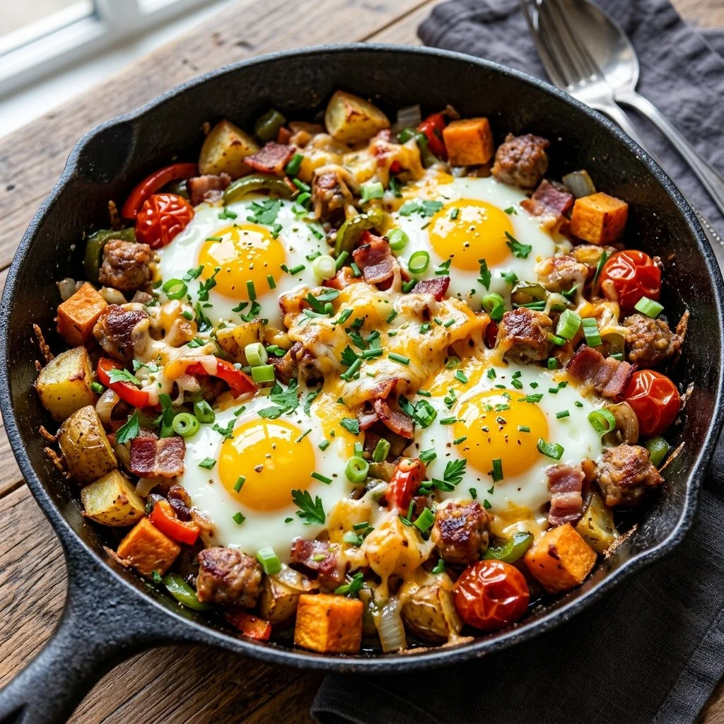 Delicious loaded breakfast skillet with eggs, veggies, and savory toppings