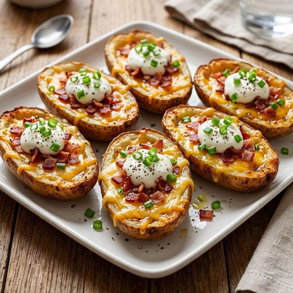 Delicious loaded potato skins topped with cheese and bacon ready to be served.
