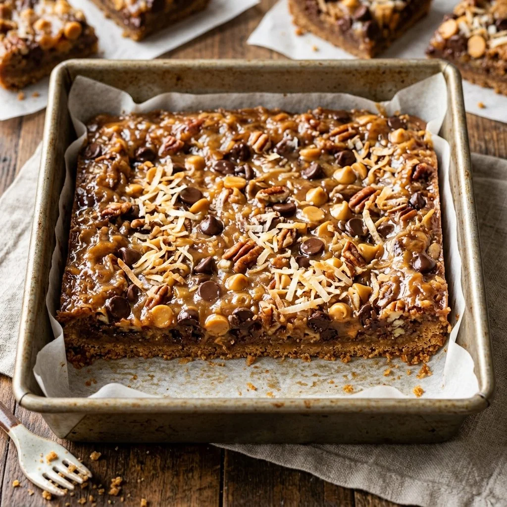 Delicious homemade Magic Cookie Bars stacked on a plate