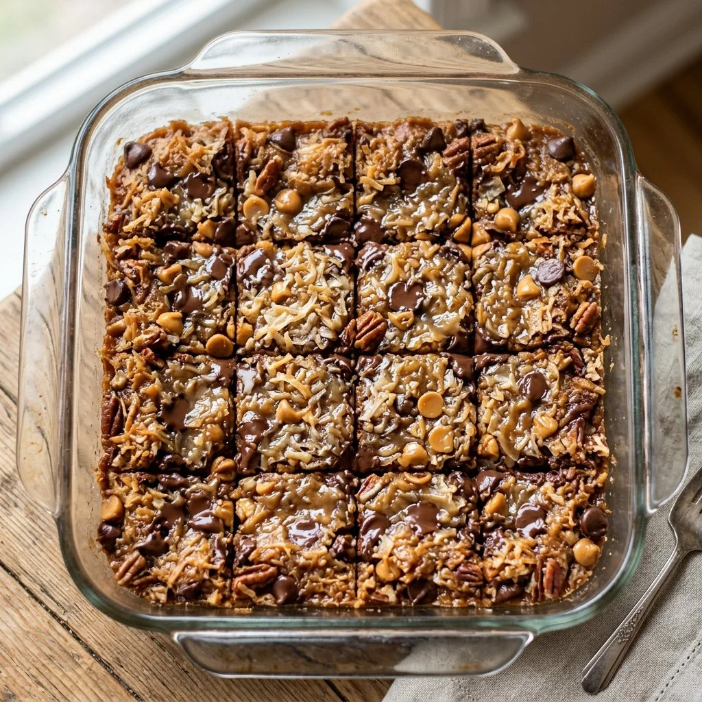 Delicious Magic Cookie Bars topped with chocolate and coconut layers