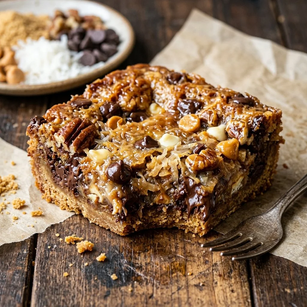 Delicious homemade Magic Cookie Bars with chocolate and coconut layers.