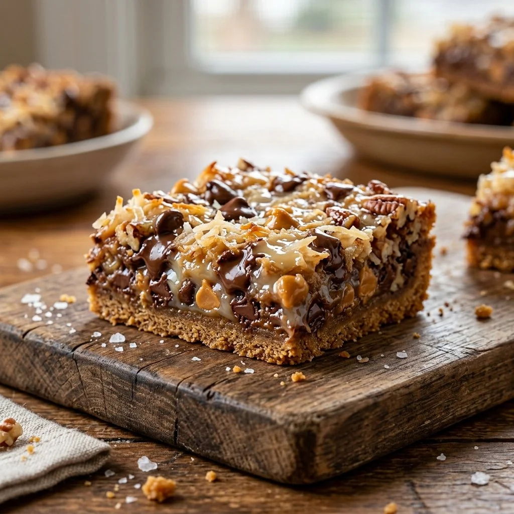 Delicious homemade Magic Cookie Bars topped with chocolate and coconut.