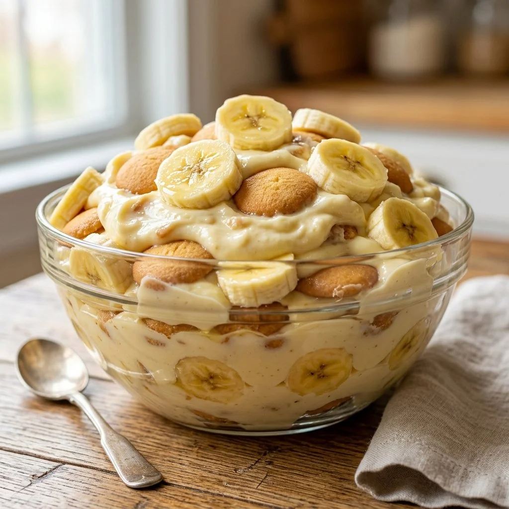 Magnolia Bakery's delicious banana pudding served in a clear dish