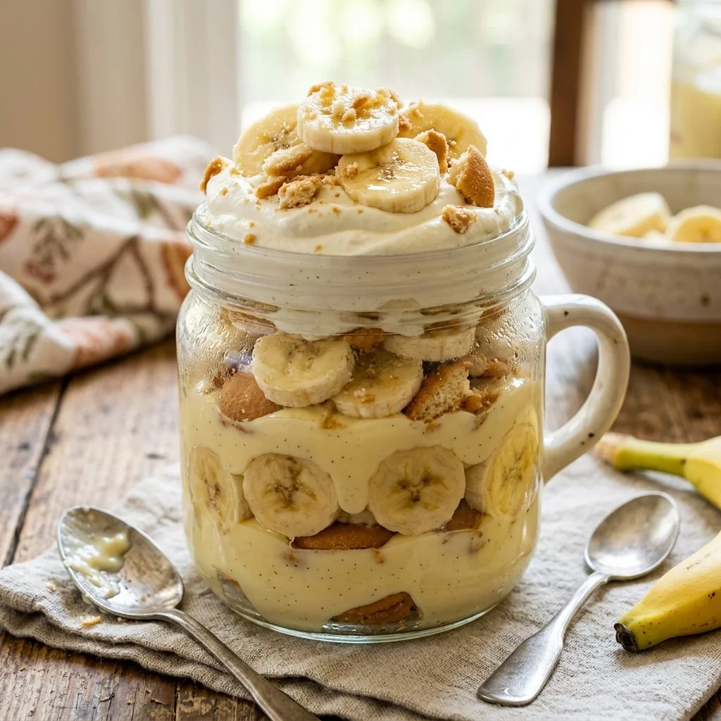 Delicious Magnolia Banana Pudding served in a glass bowl with layers of bananas and whipped cream