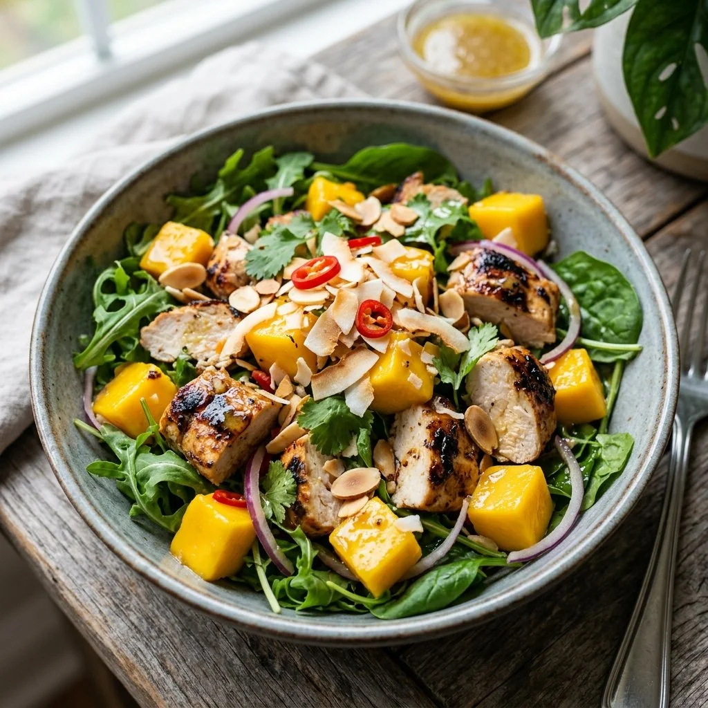 Delicious Mango Chicken Salad with fresh ingredients and vibrant colors.