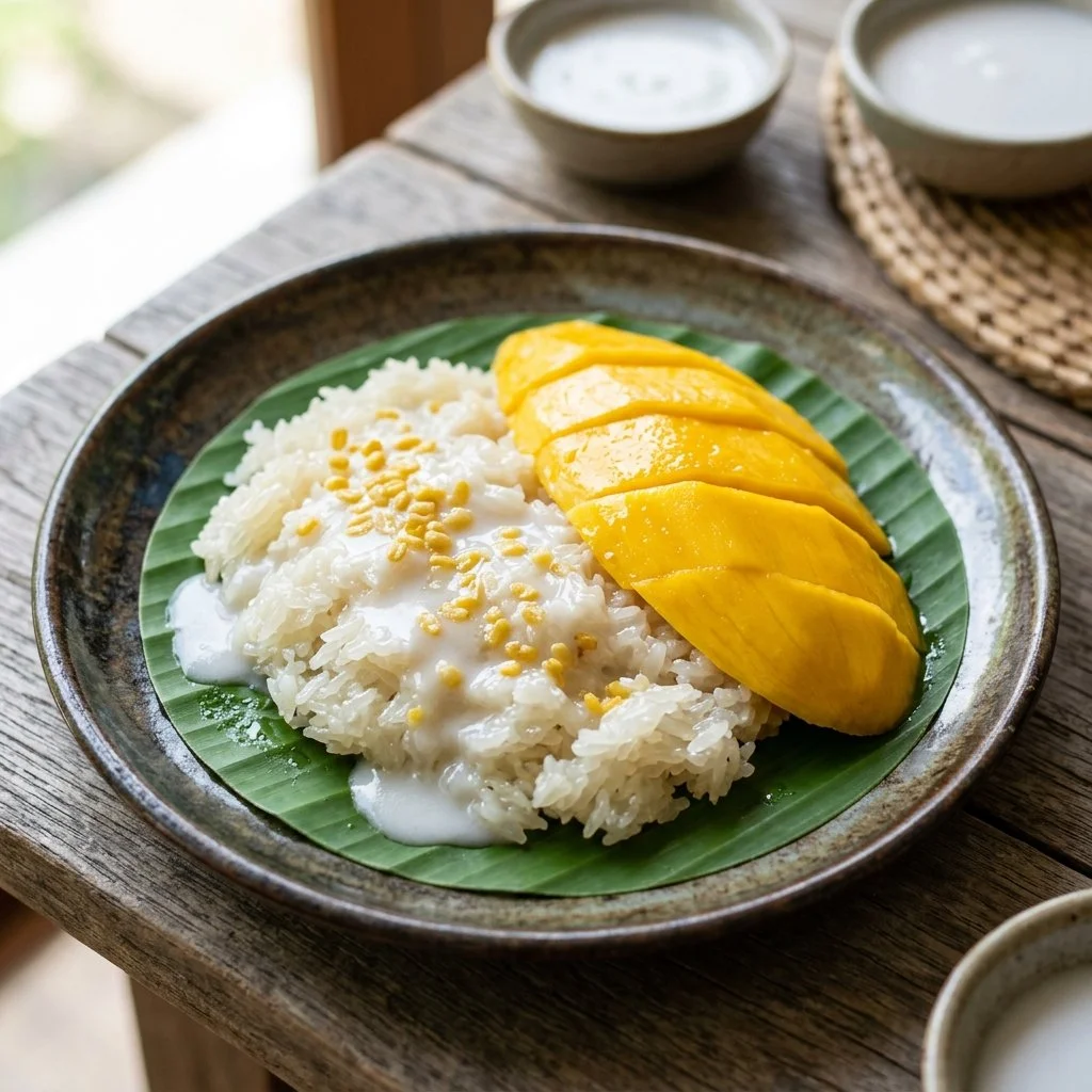 Delicious Mango Sticky Rice topped with coconut sauce and fresh mango slices