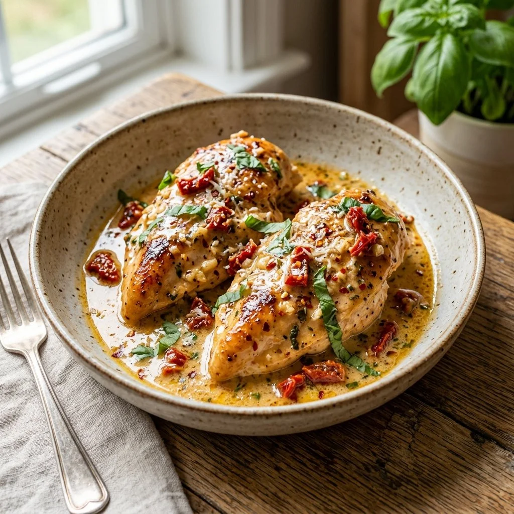 Delicious Marry Me Chicken served with creamy sauce and herbs.