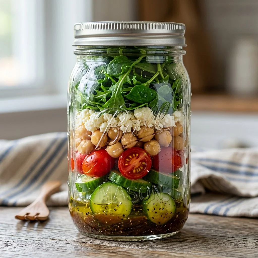 Colorful Mason Jar Salad with fresh ingredients layered for a healthy meal
