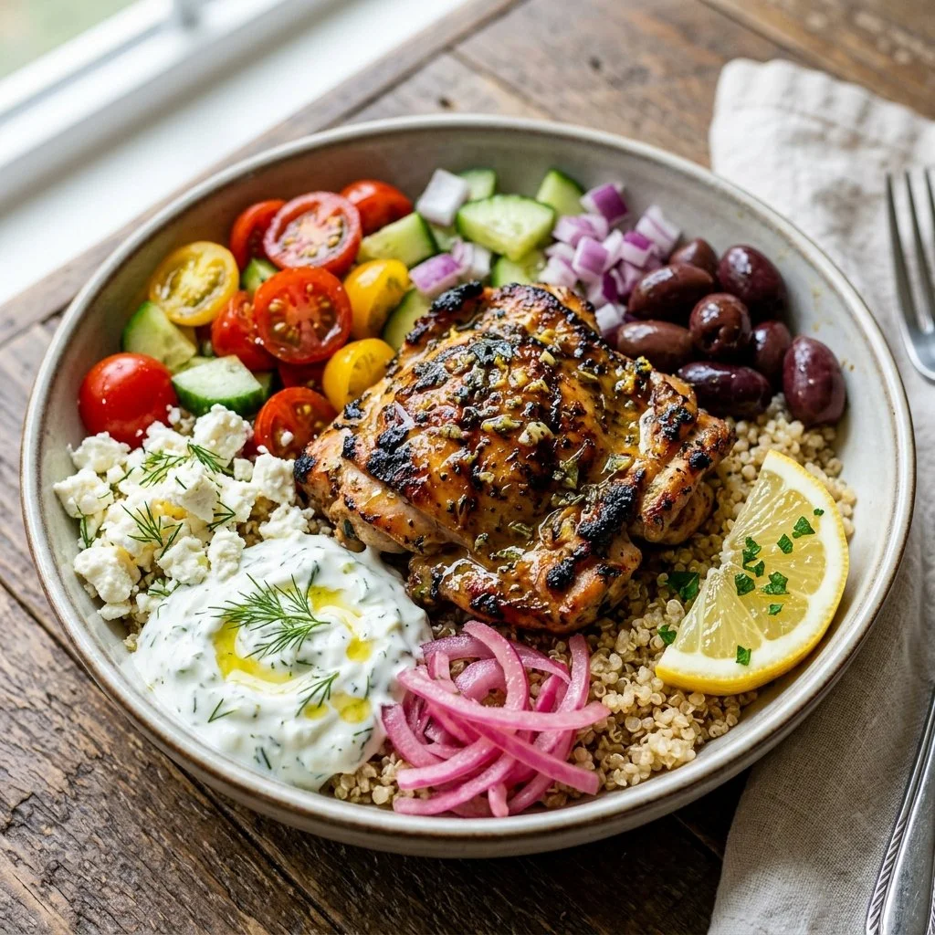 Delicious Mediterranean Chicken Bowl with fresh vegetables and herbs