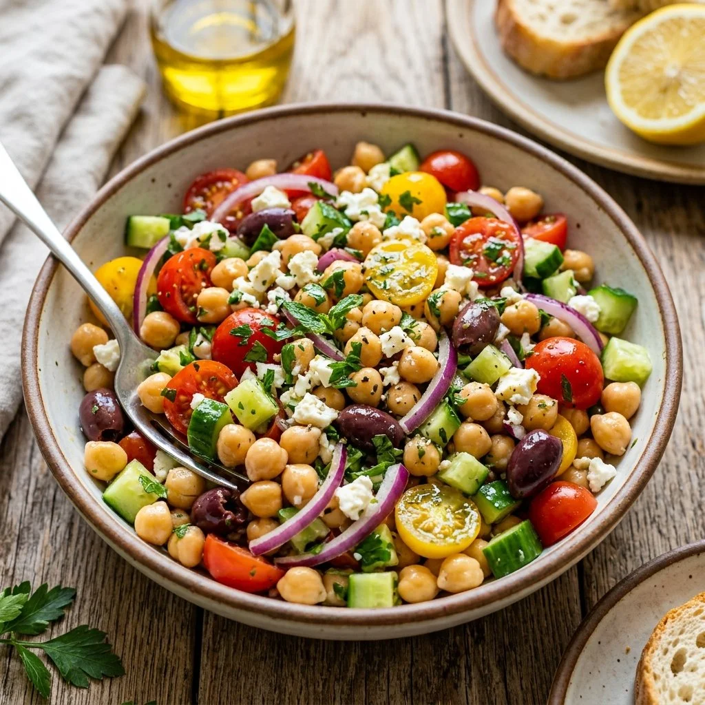 Colorful Mediterranean chickpea salad with fresh vegetables and herbs