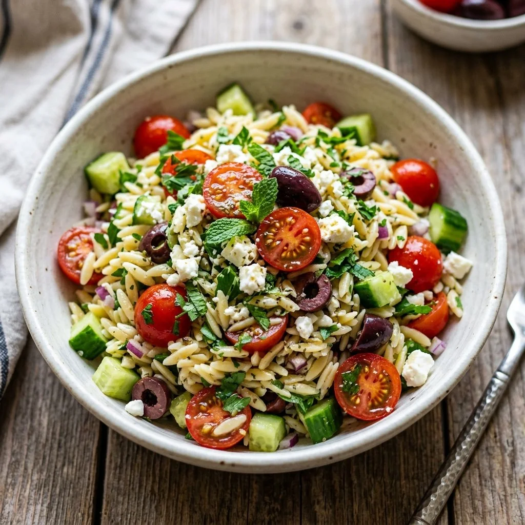 Colorful Mediterranean Orzo Salad with fresh vegetables and herbs
