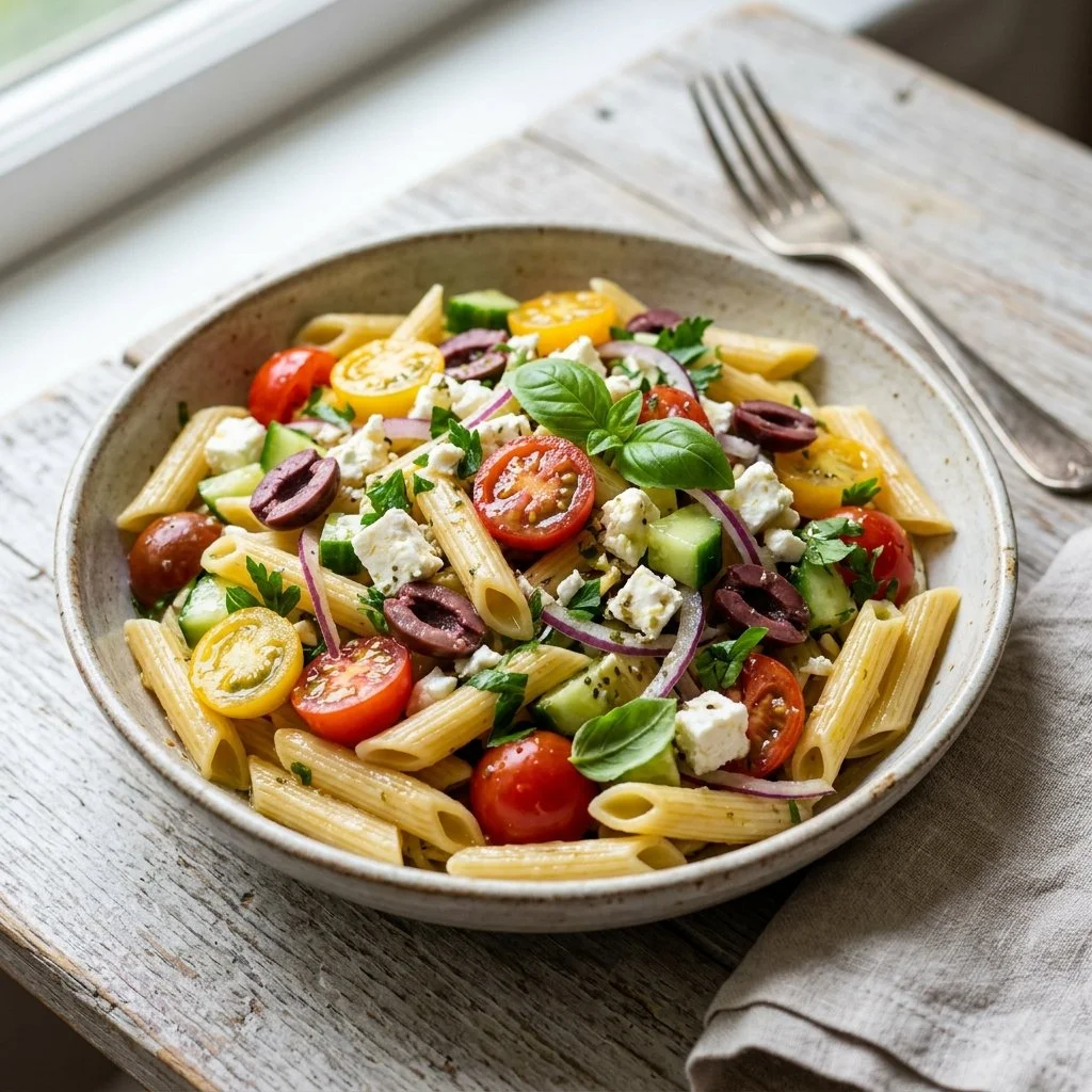 A vibrant Mediterranean Pasta Salad with colorful veggies and pasta in a bowl.