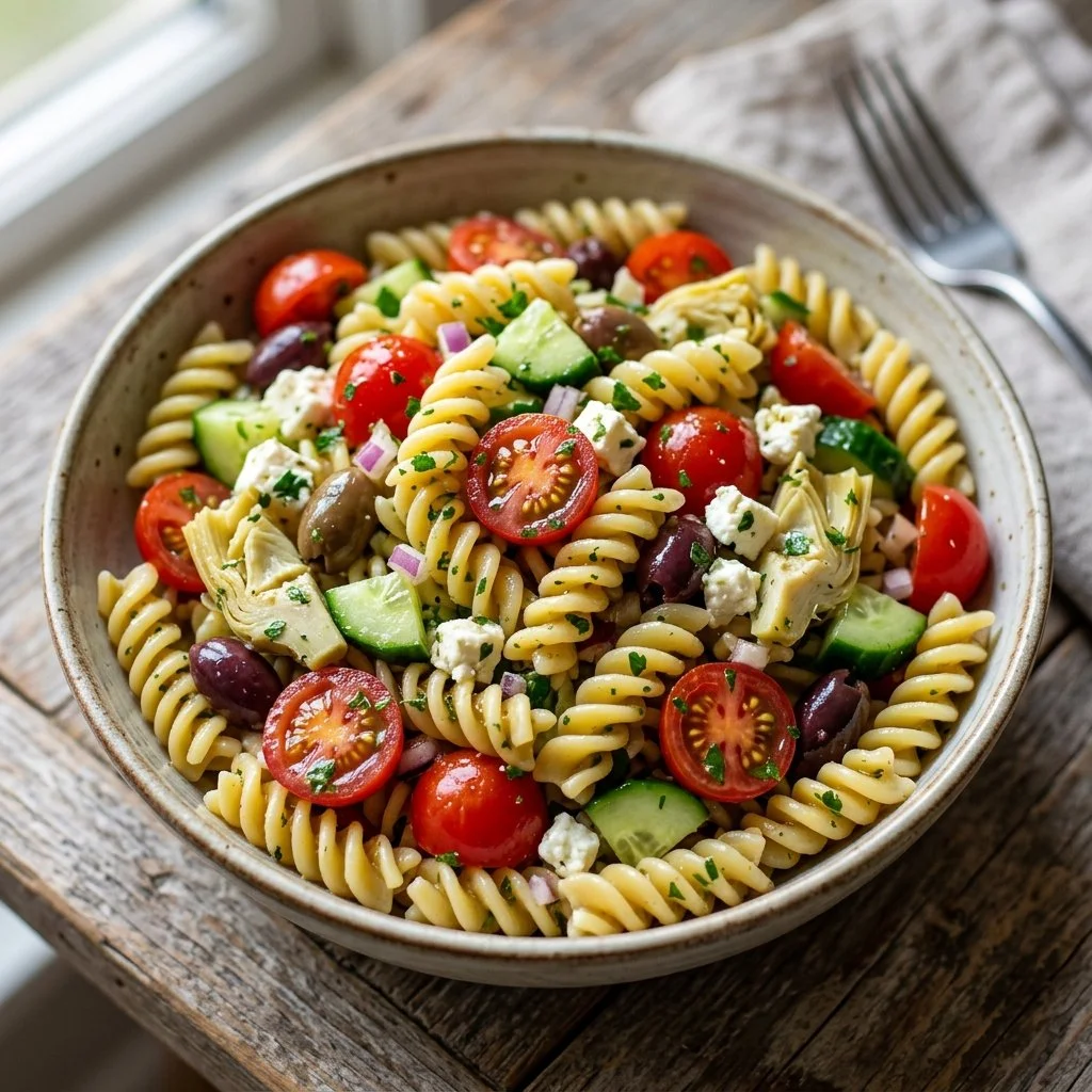 Vibrant Mediterranean Pasta Salad with fresh vegetables and olives