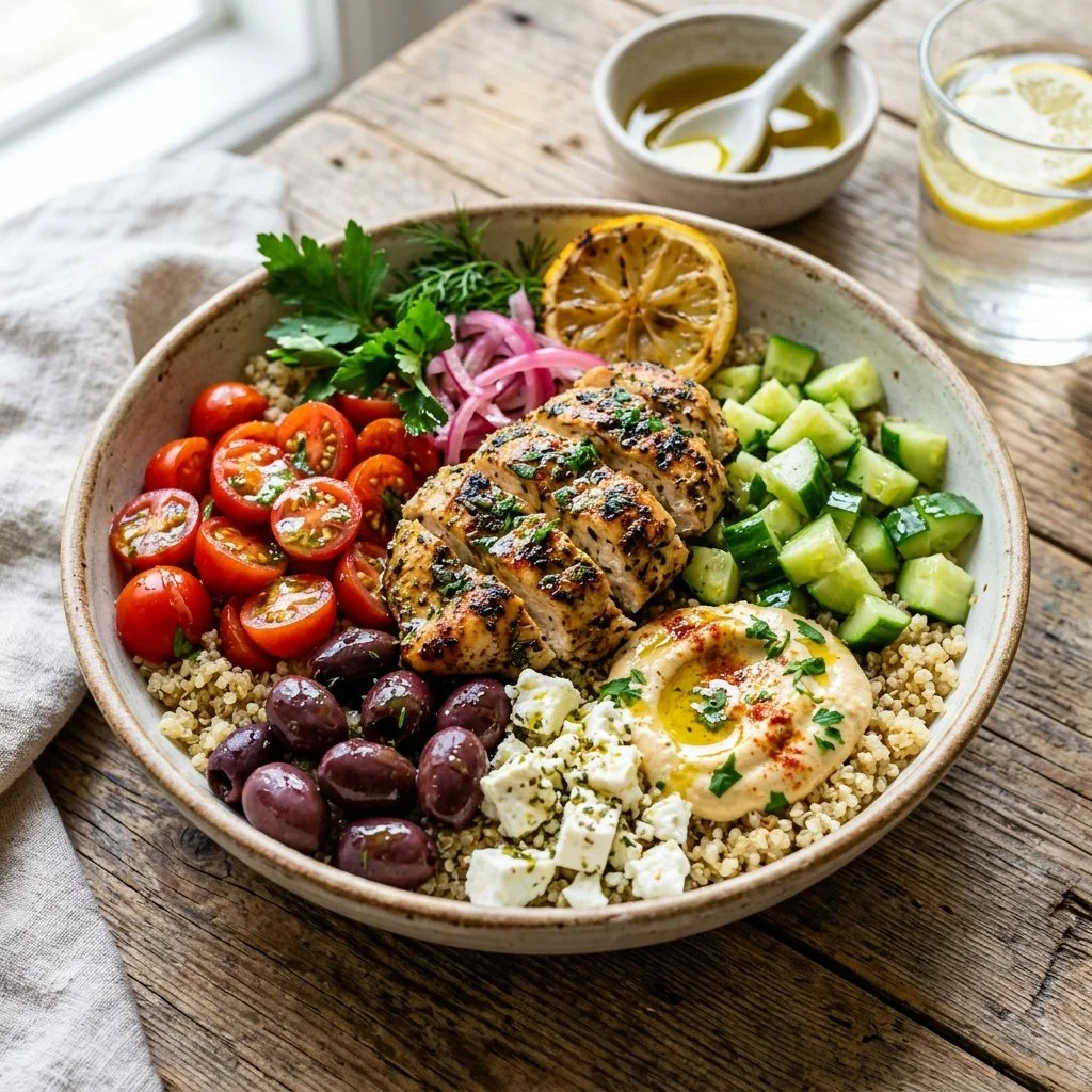 Colorful Mediterranean power bowl filled with fresh vegetables and grains