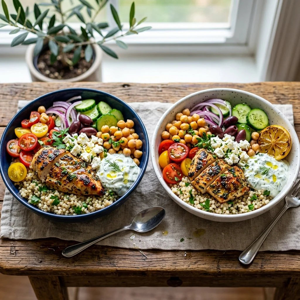 Colorful Mediterranean power bowl with fresh vegetables, grains, and protein