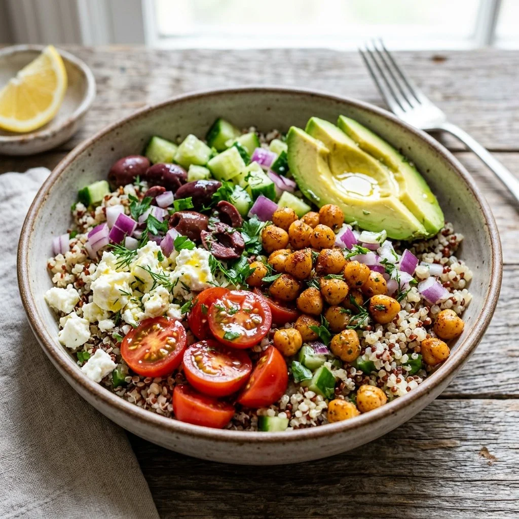 Colorful Mediterranean quinoa bowls with fresh vegetables and herbs.