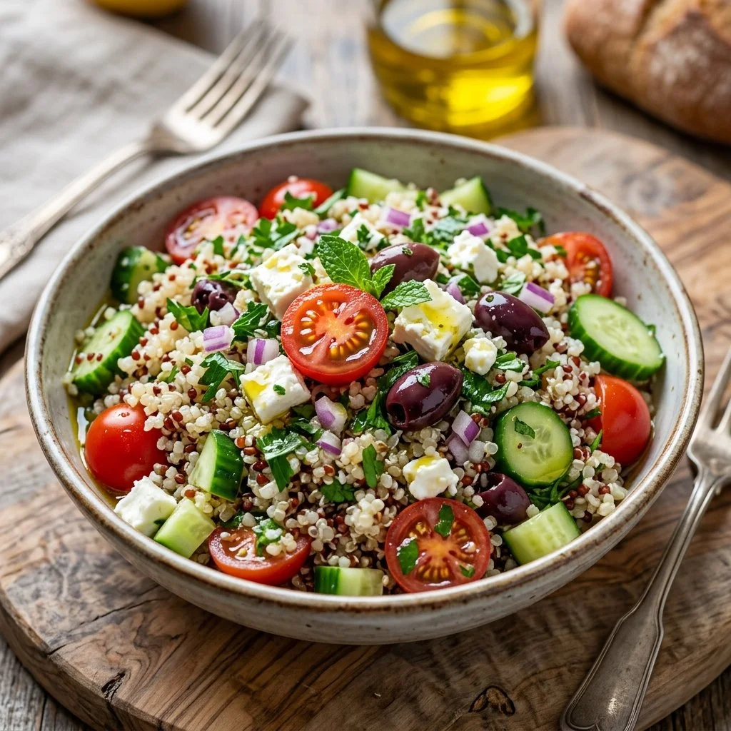 Bowl of Mediterranean quinoa salad with fresh vegetables and herbs