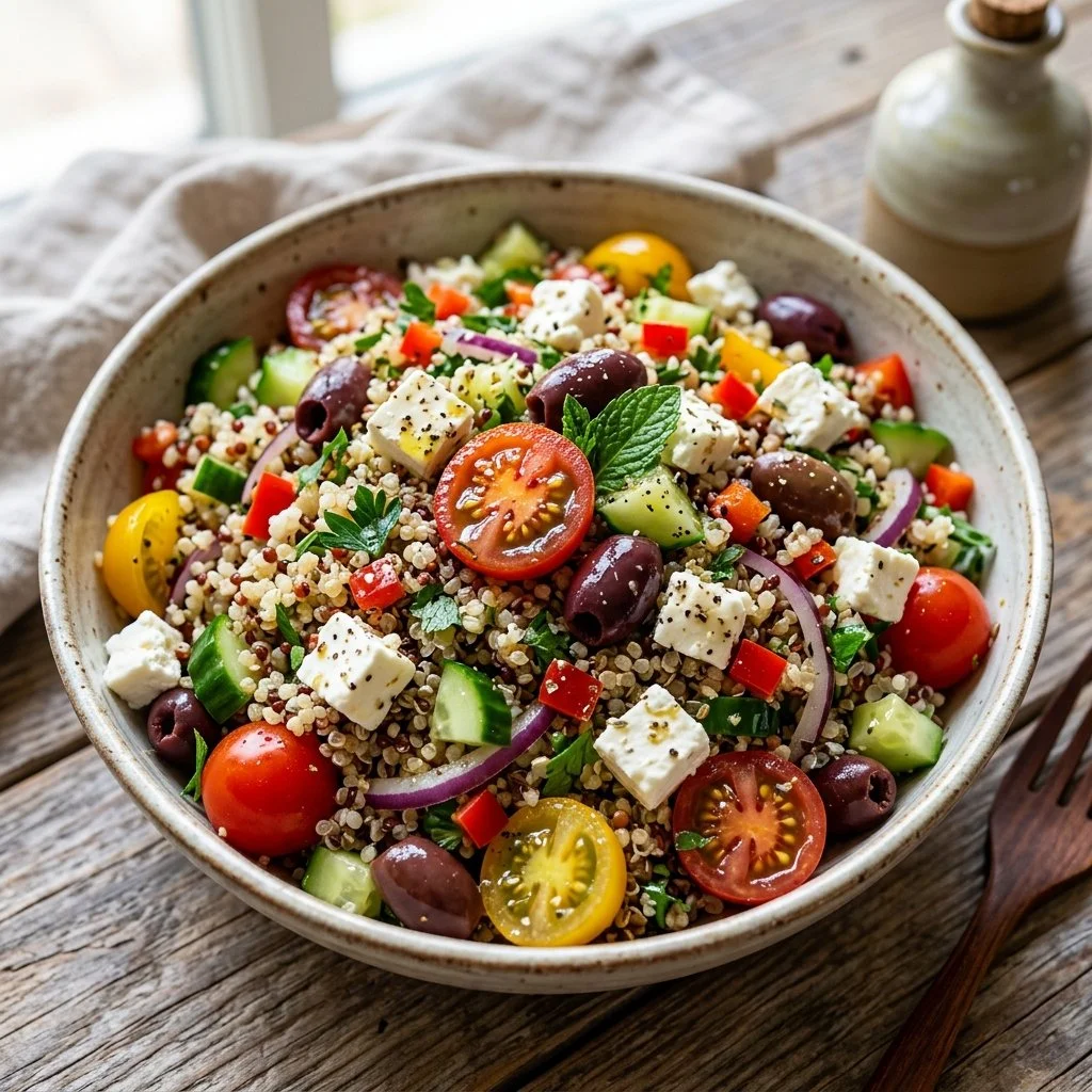 Colorful Mediterranean Quinoa Salad with fresh vegetables and herbs