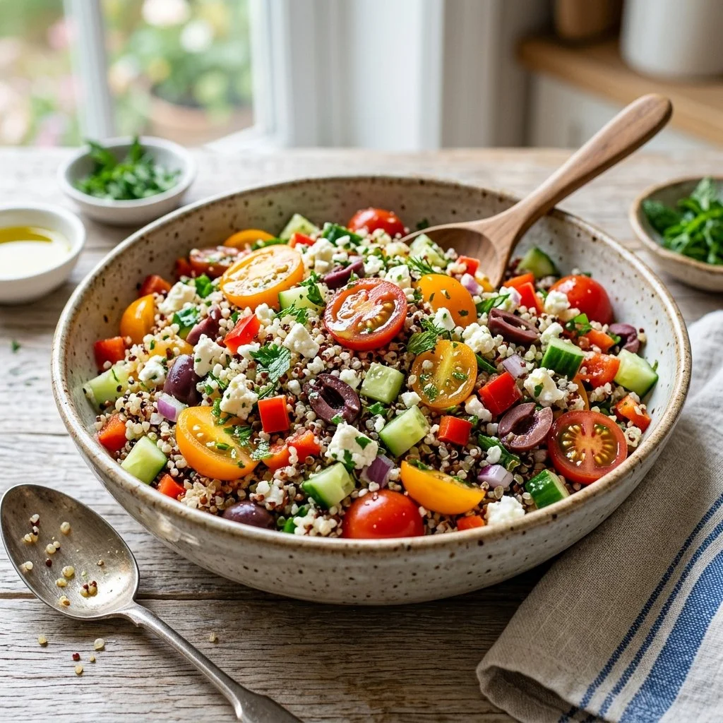 Bowl of Mediterranean quinoa salad with fresh vegetables and herbs