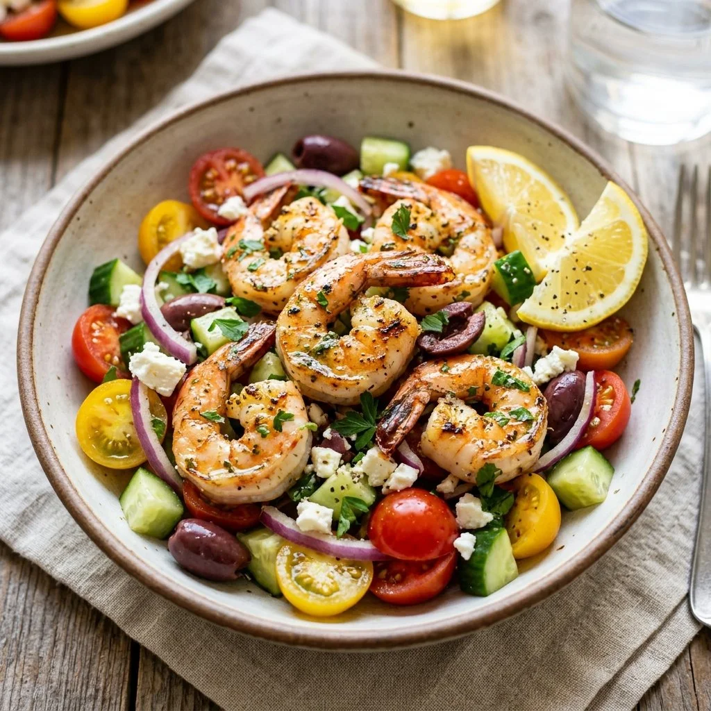 Colorful Mediterranean shrimp salad with fresh vegetables and herbs