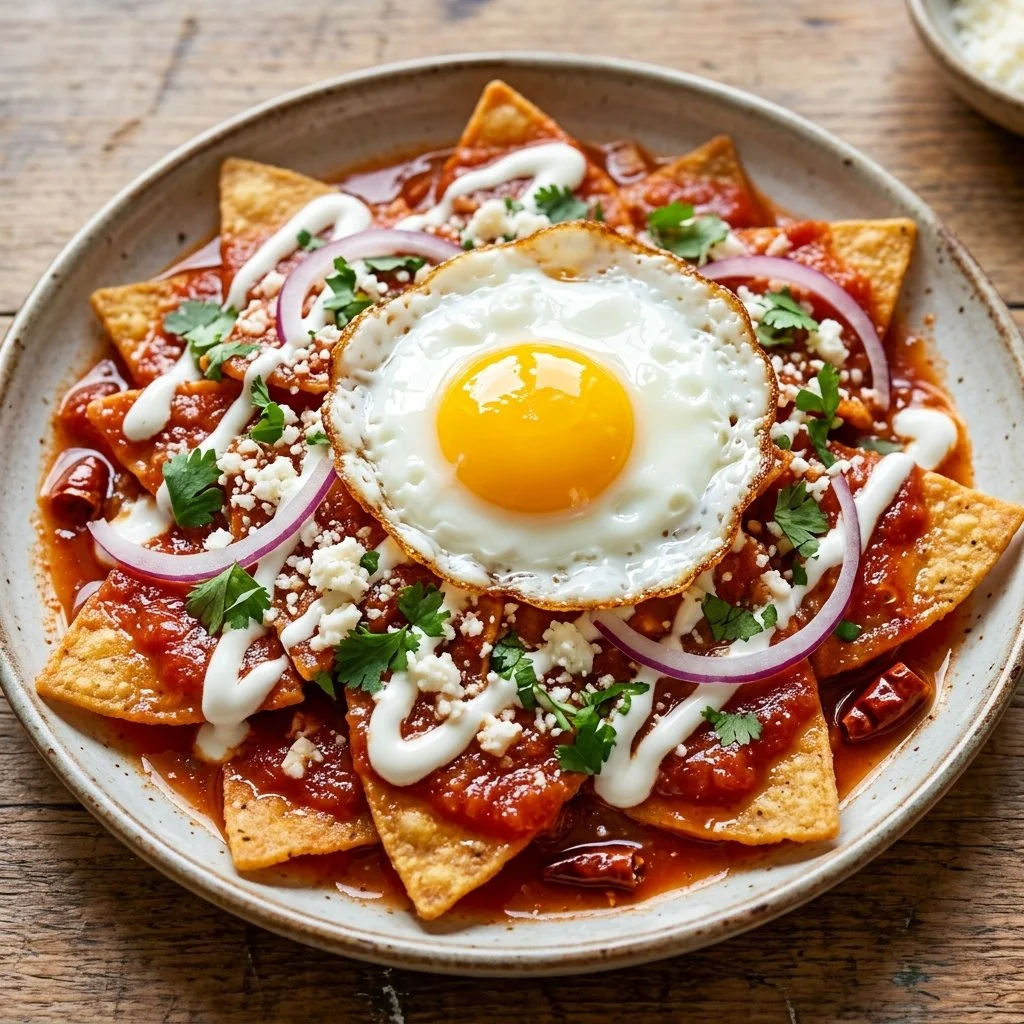 Delicious Mexican Chilaquiles topped with salsa and eggs
