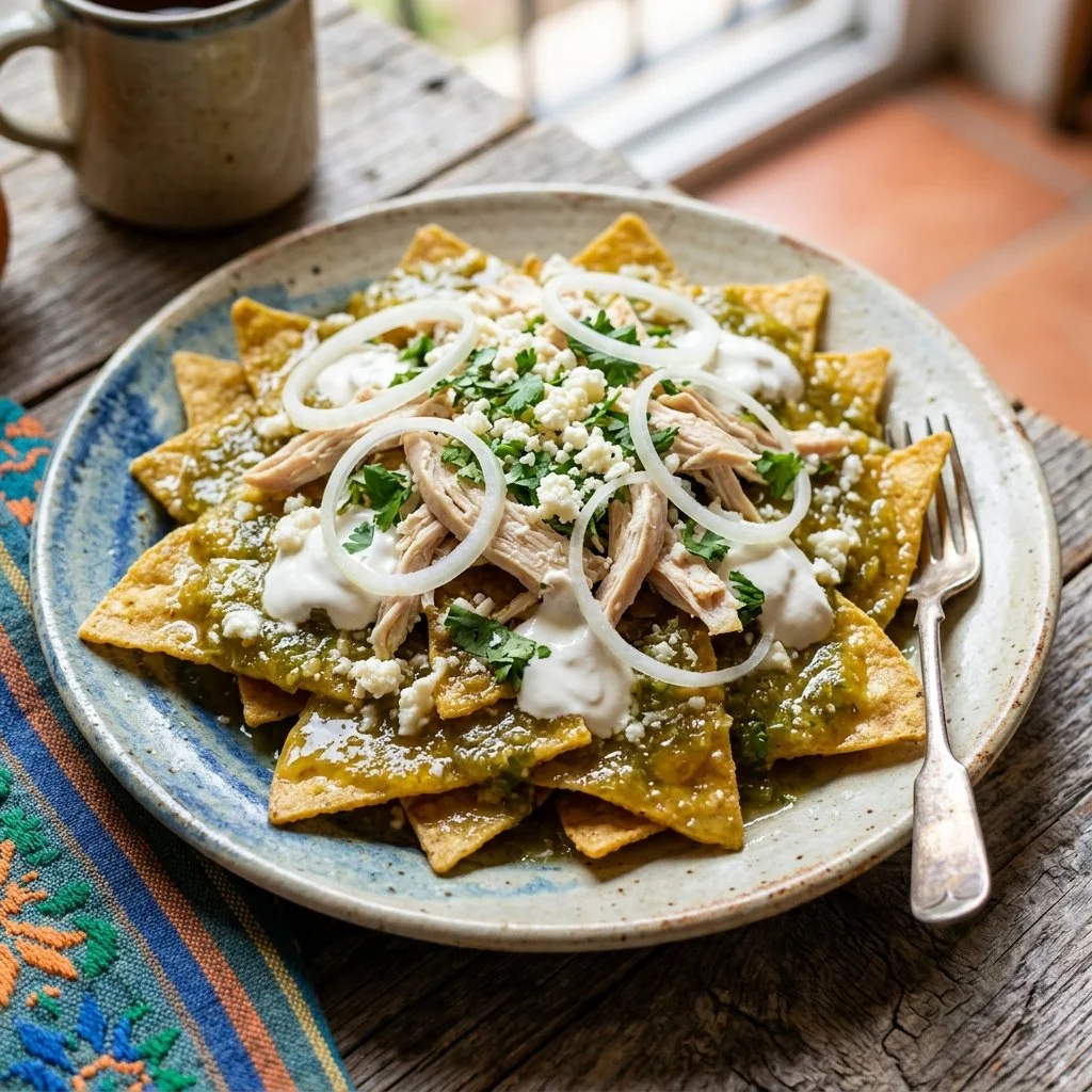 Plate of Mexican Chilaquiles Verdes topped with avocado and cream