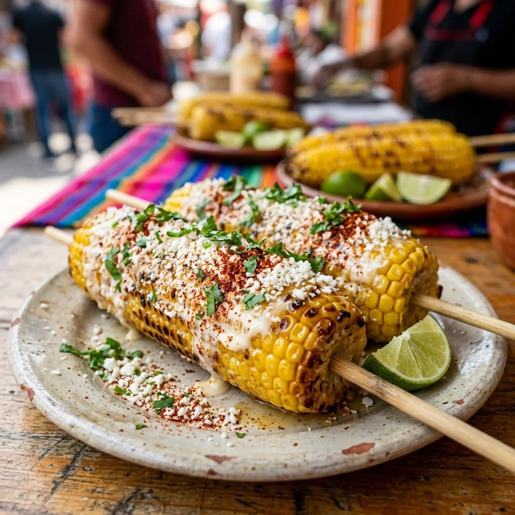 Delicious Mexican Street Corn garnished with creamy sauce and spices