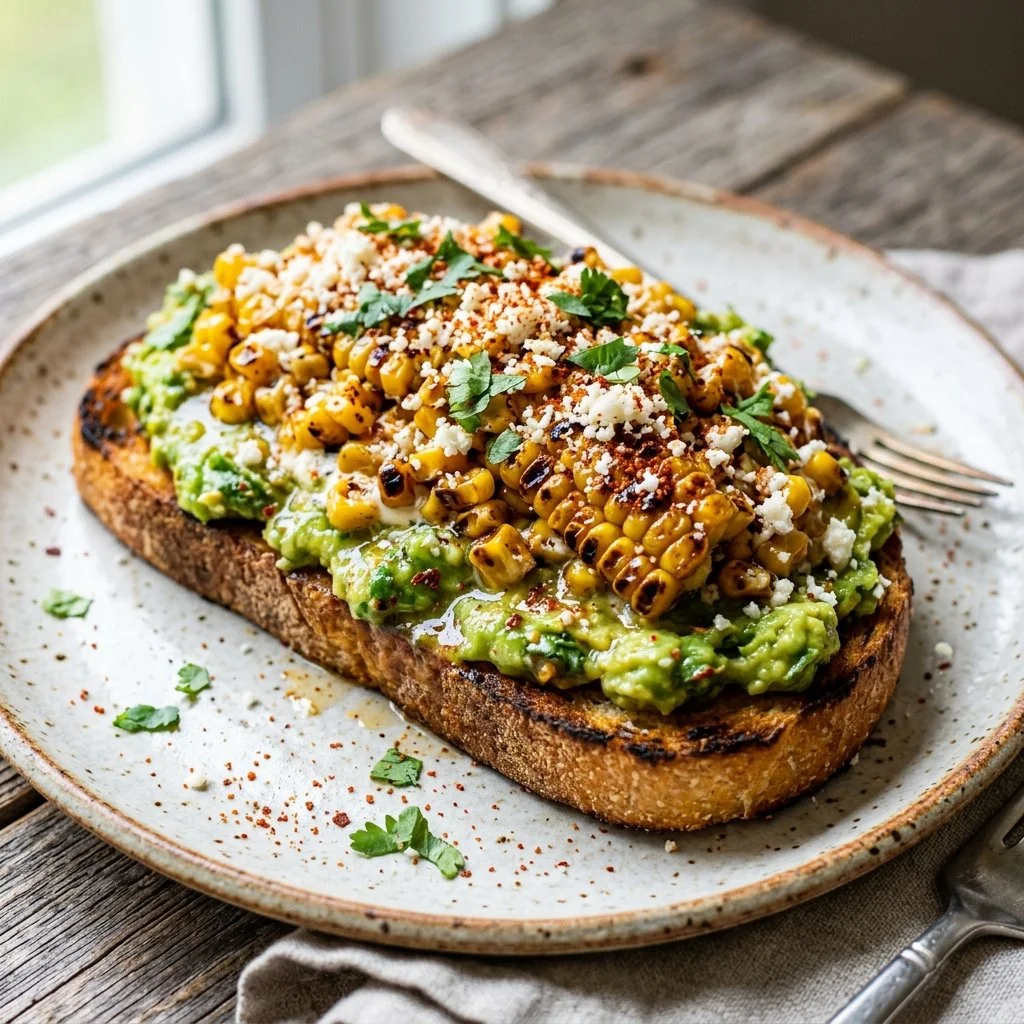 Mexican street corn avocado toast topped with cilantro and lime