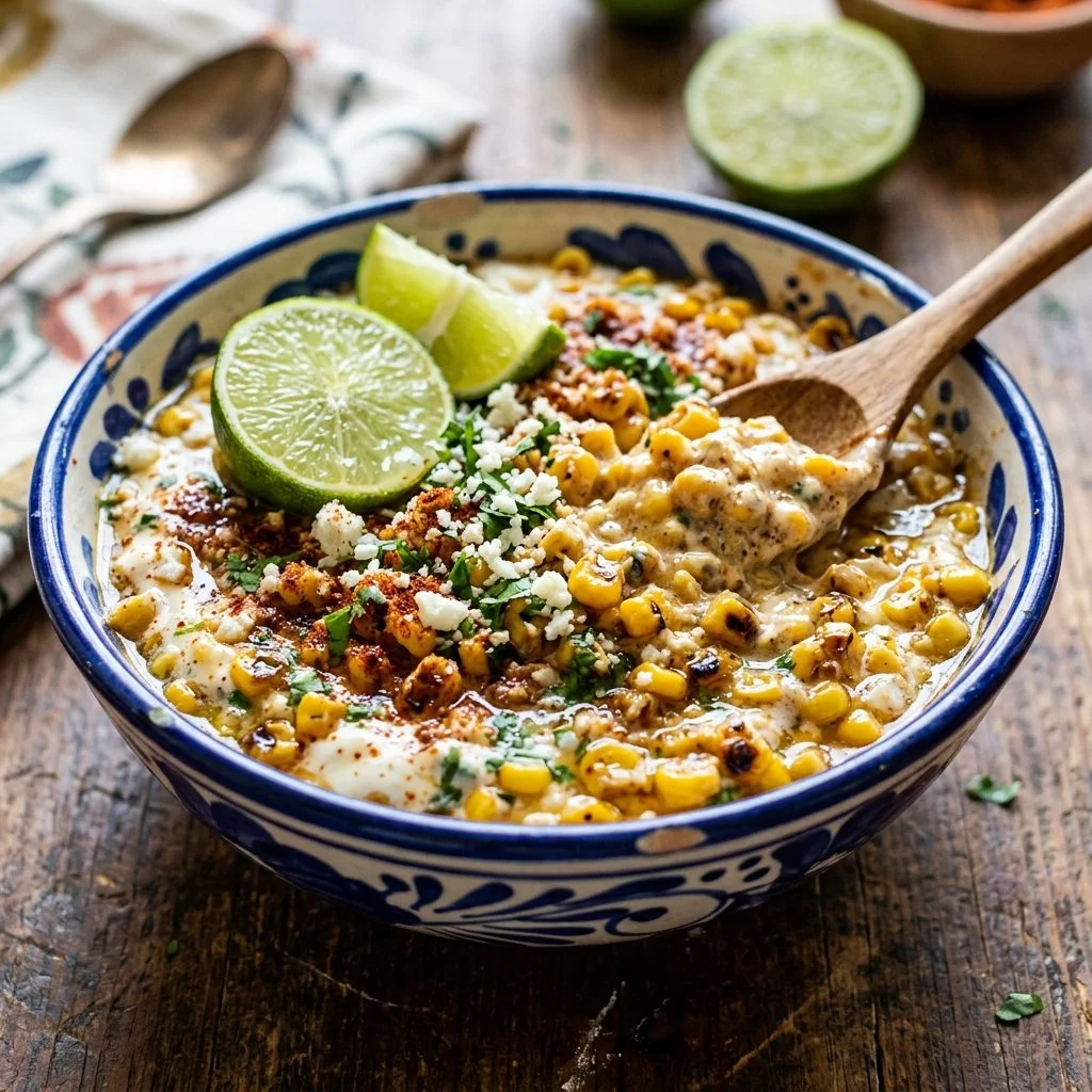 Bowl of Mexican Street Corn Dip served with tortilla chips