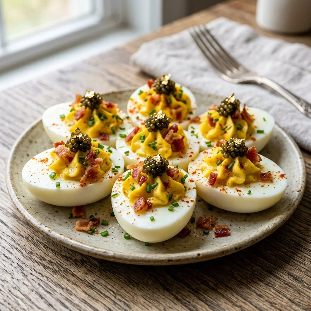 Plate of Million Dollar Deviled Eggs garnished and ready to serve