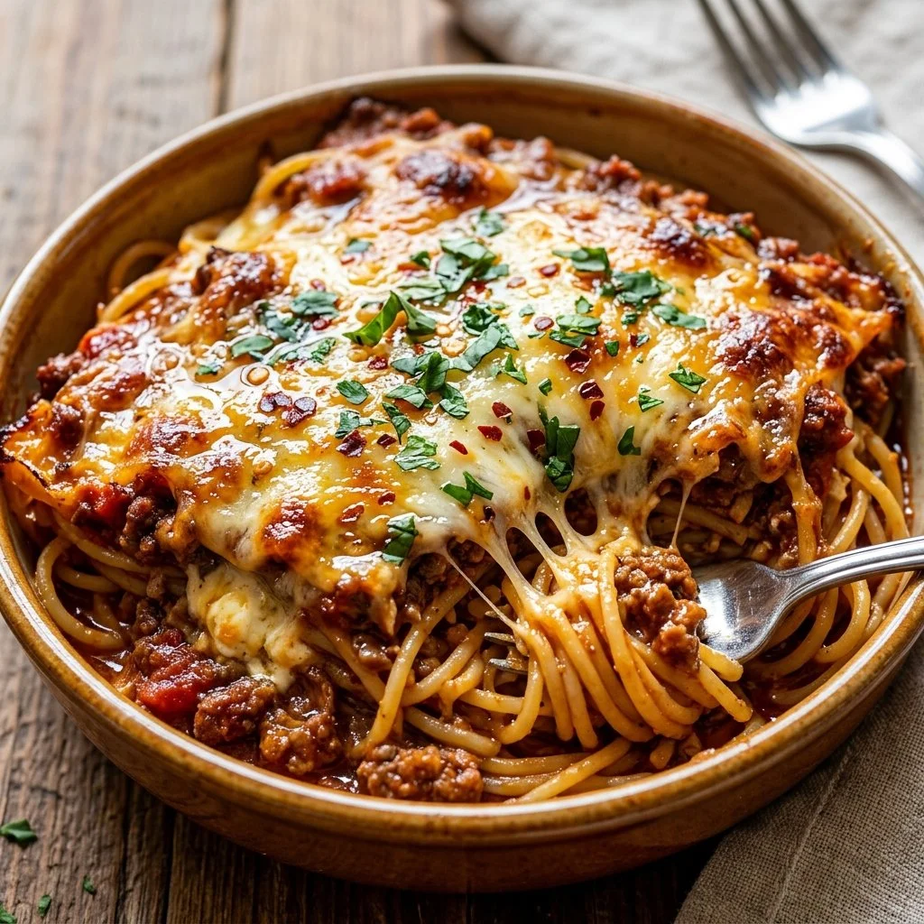 Delicious Million Dollar Spaghetti dish served with fresh herbs and cheese.