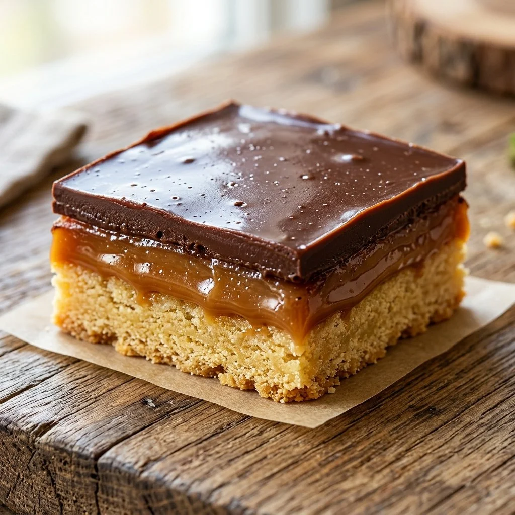Delicious Millionaire Shortbread with layers of caramel and chocolate
