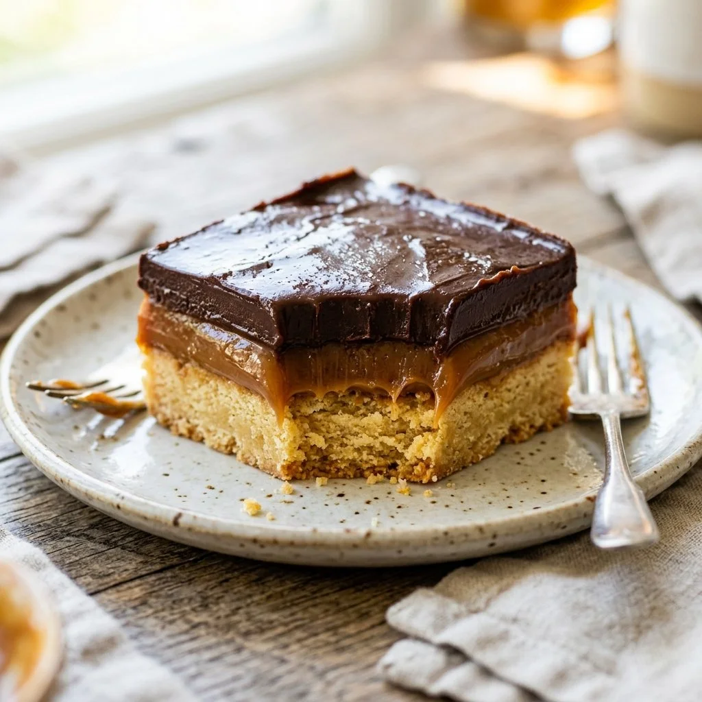 Delicious Millionaire Shortbread with layers of caramel and chocolate